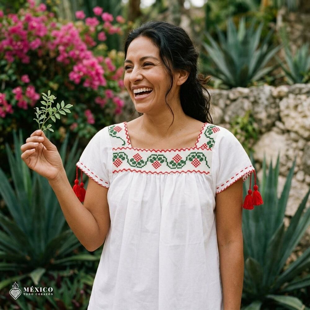 Girls Mexican Embroidered Blouse – Traditional Floral Folk Top with Pom Poms